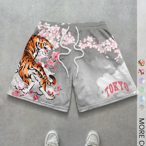 1 Pack Men's Mesh Athletic Shorts Tokyo Street Style Tiger Cherry Blossom Print Breathable Printed Shorts for Daily Basketball Workout Casual Wear