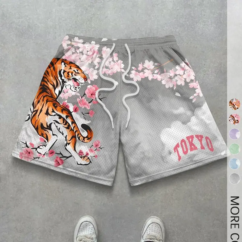 1 Pack Men's Mesh Athletic Shorts Tokyo Street Style Tiger Cherry Blossom Print Breathable Printed Shorts for Daily Basketball Workout Casual Wear