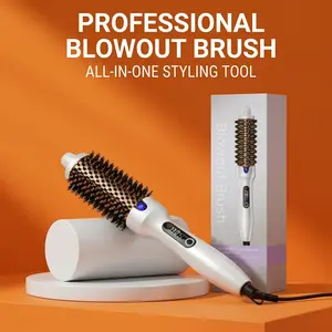 1.5inch Ionic Blowout Brush, Anti-Frizz Hair Round Straightener Curling Thermal Brush Curl Heated Dual Voltage