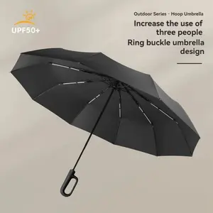 Fully Automatic Folding Compact Umbrella for Men Women, Ring Buckle Large Strong Rib Double Layer Sunshade Windproof Portable Travel Pocket Parasol Rain Umbrella
