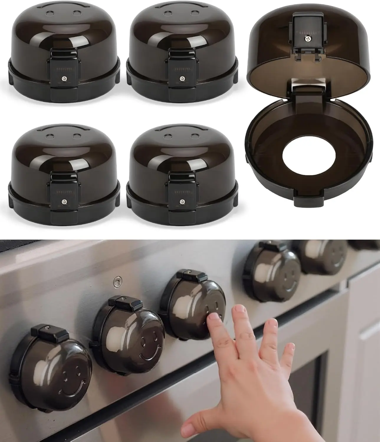Stove Knob Safety Covers - 5 Pack Heat Resistant Stove Knob Covers | Oven Knob Covers for Child Safety, 3M Strong Adhesive, Dual-Button Locks & Visual Design, for Kids & Pets, Black