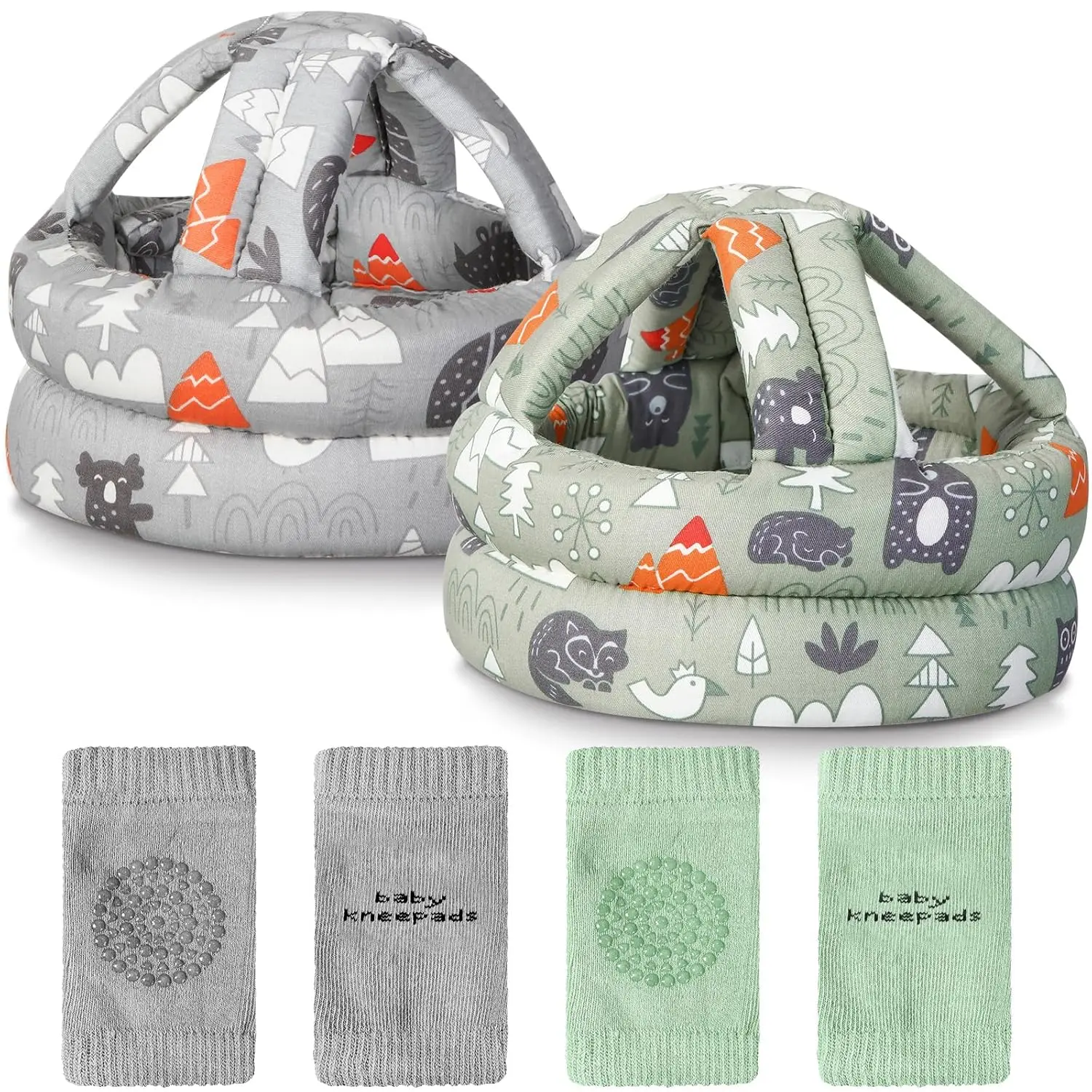 P-KCP013     2 Pack Baby Safety Helmet Set, Adjustable Head Protector with Knee Pads, Cushion Bumper for Crawling & Walking(Forest)
