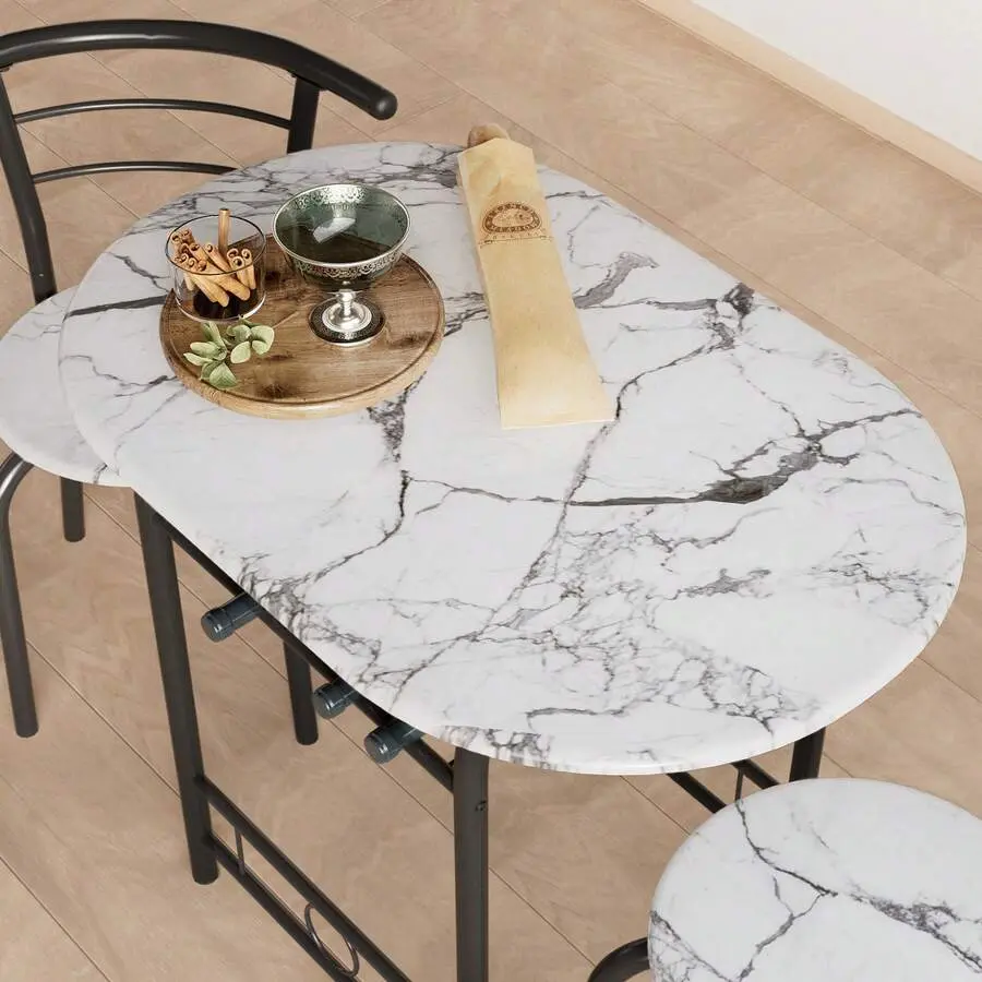 3-Piece Wooden Round Table & Chair Set, Space Saving Kitchen Breakfast Nook Wood Grain Tabletop With Metal Frame And Built-In Wine Rack For Kitchen, Dining Room