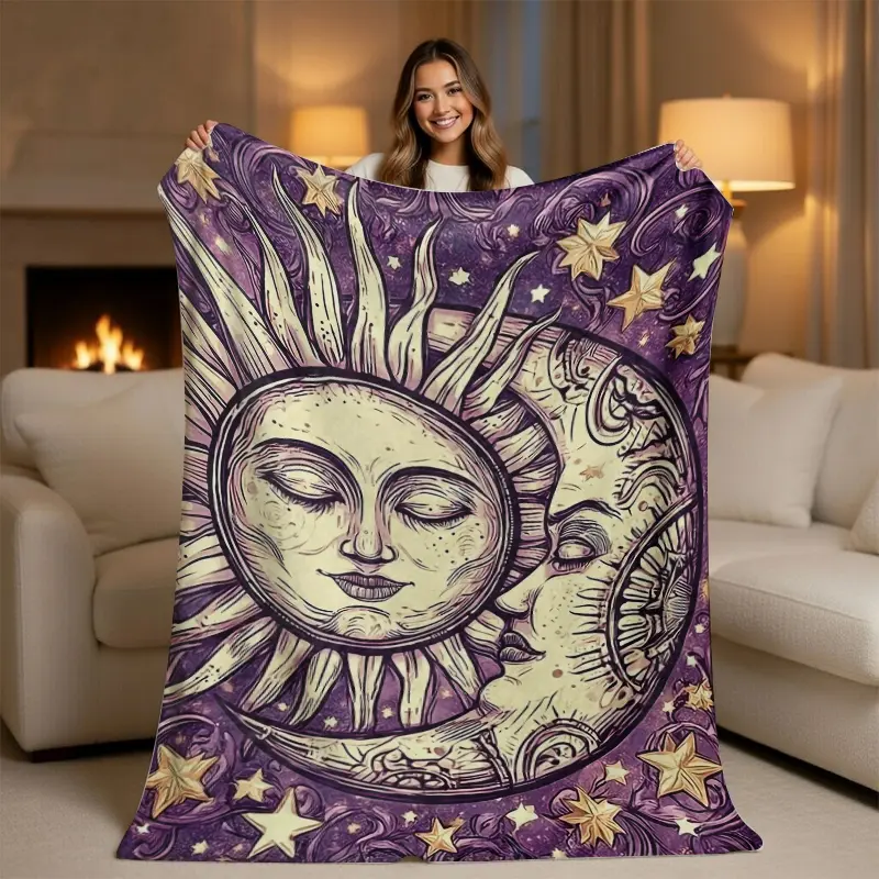 Mystical Sun and Moon Celestial Throw Blanket, Purple Gold Starry Night Soft Fleece Cozy Aesthetic Boho Vintage Astrology Fantasy Home Decor for Sofa Couch Bed (Boho, Celestial, Cosmic, Decorative Design, Fantasy Style Blankets), Boho Blankets