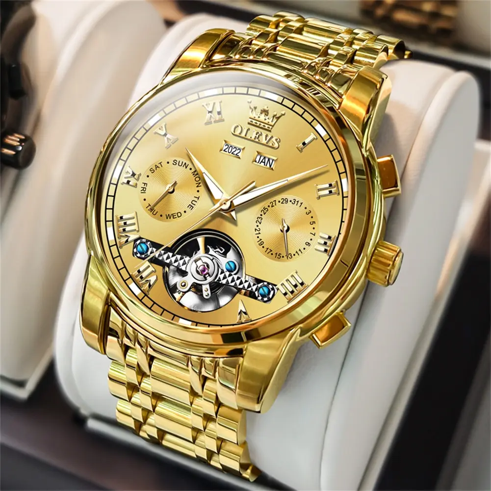 OLEVS Self Winding Watches for Men Automatic Mechanical Dress Tourbillon Stainless Steel Dual Calendar Waterproof Luminous Wrist Watch
