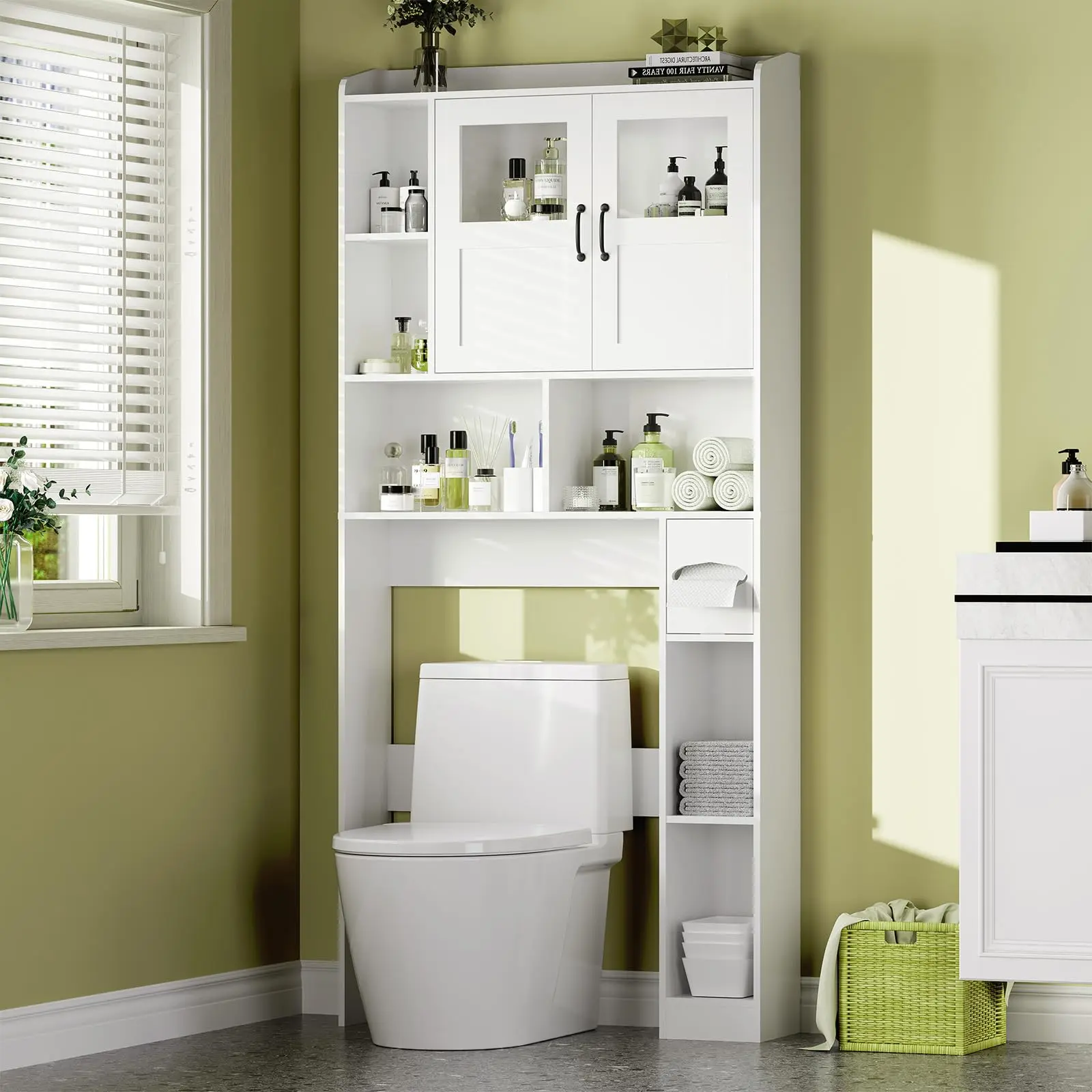 Garvee Space-Saving Over-the-Toilet Storage Cabinet – 67" Tall Freestanding Bathroom Organizer with Adjustable Shelves, Tempered Glass Doors, Anti-Tip Kit – White Cupboard for Bathroom or Laundry Room