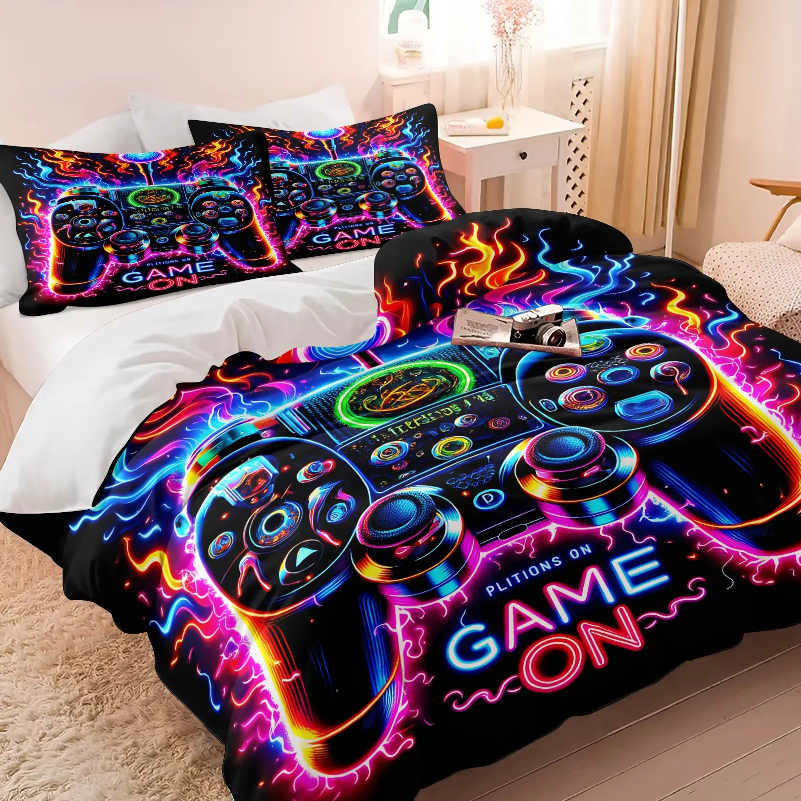 Video Game Controller Bedding Set, Printed Bedding Set, 2/3Pcs Colorful Gamepad Print Duvet Cover Set, Ideal for Gaming & Esports Enthusiasts' Bedrooms, Soft, Skin-Friendly, Comfortable, 9 Styles Available (1 Duvet Cover + 1 or 2 Pillowcases; No Fill)