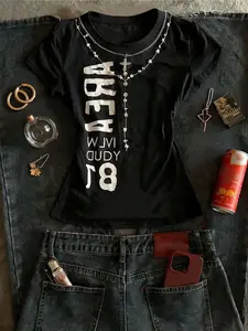 Women's T-Shirt Sexy Vintage Letter Pattern Comfortable Colorful Round Neck Casual Streetwear Top Suitable for Women Music Festivals