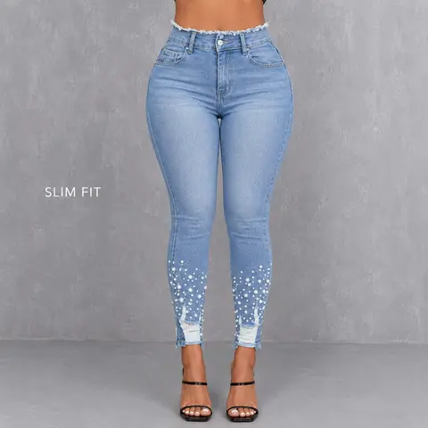 Women’s High Waisted Pearl Embellished Slim Skinny Fitted Blue Denim Crop Jeans - Light Wash, Distressed, Frayed Waist & Ankle, Everyday Party Y2K Feminine Glam Casual Streetwear Bottoms for Sweaters