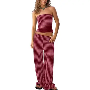 Tankaneo Womens Striped 2 Piece Sets Casual Summer Strapless Crop Tube Tops Wide Leg Pants Matching Lounge Set Vacation Outfits Spring & Summer Holiday Outfits, Comfortable Womenswear Fashion Womenswear Beach Clothes