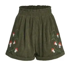 2025 Corduroy Mushroom Embroidered Elastic Waist Casual Shorts Menswear Tropical