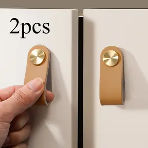 2pcs polished faux leather cabinet knobs with khaki faux leather handles - fashionable furniture and cabinet drawer handles