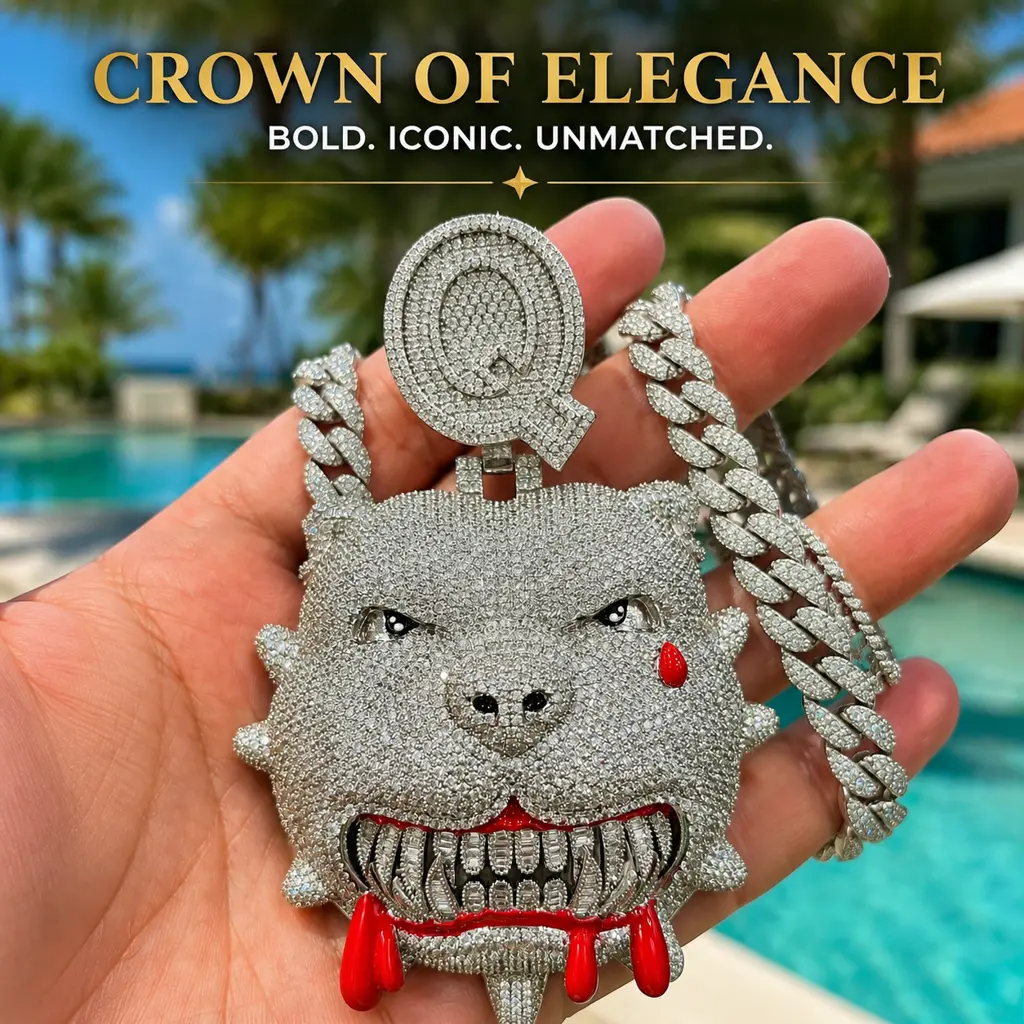 Men's Palm-Sized Personalized Bling Pitbull Pendant - 3D Iced Out Bloody Animal Medallion, Baguette Diamond Fangs, Custom Initial Bail, Premium Hand-Painted Enamel Necklace, Heavy Drip Hip Hop Costume Jewelry, Stylish Accessory, Unique Design, Bling Penda
