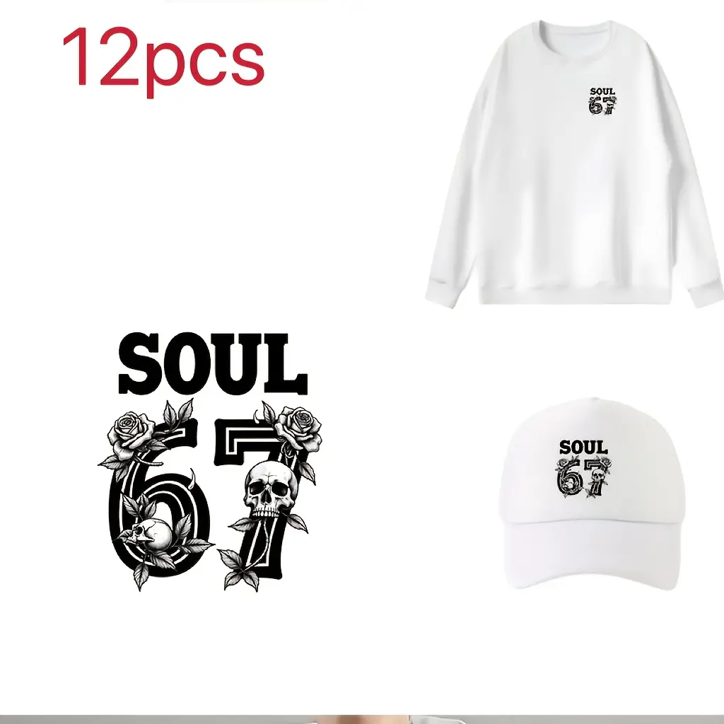 12 Washable Iron-On Patches, Includes Soul 67 and Rose Skull Designs, Expressive Heat Transfer Stickers for Decorative T-Shirts, Jeans, Backpacks