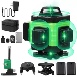 16 Line 360° Self-Leveling Laser Level, 4D Green Cross Line Laser & Remote Control, Adjustable Brightness, 2 Rechargeable Batteries for Tile Flooring, Construction, Picture Hanging & Wall Alignment