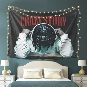 King Von Crazy Story Tapestry - Rapper-Inspired Wall Hanging with King Von Lyrics & Portrait, Red Logo & Song Title, Easy Install Music Room Decor for Bedroom, Dorm, Hip-Hop Fan Gift, Tapestry Wall Mural