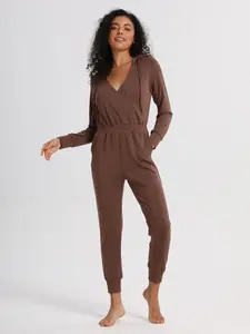 Deep V Neck Long Sleeve Wrap Drawstring Hoodies Waist Jumpsuit Romper Overalls Sportswear Flattering Fit Casual Fashionable Comfortable Warmth Chic Womenswear Adjustable Piece Style