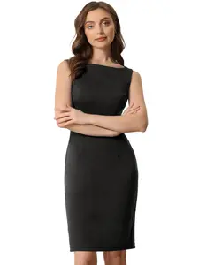 INSPIRE CHIC Sleeveless Sheath Dress Women's Boat Neck Teacher Casual Office Dresses Black