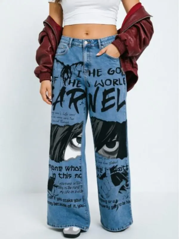 Summer Dark Anime Character Eyes Text Graffiti Straight Wide Leg Denim Jeans Unisex High Waist Loose Vintage Washed Trousers