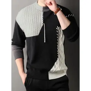 Fashion men's wear: Men's Thick Warm Sweater - Soft Winter Knit Sweater with Black/White/Gray Color Block, Round Neck Pullover for Formal & Casual Outfits - Non-Transparent Cold Weather Sweater for Everyday & Special Events, Knit Sweater, Y