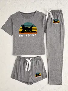 Cute Cartoon Cat Three-Piece Home Set, Loose-Fitting Casual Pajamas Loungewear for All Seasons, Comfortable and Stylish Sleepwear
