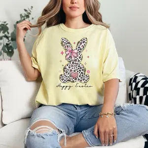 Pink leopard Bunny  T-shirt Comfort Colors Summer Everyday Style Shirtsleeve love casual comfortable super soft relaxed fit unisex Sizing womenswear Streetwear  vintage Crewneck Printed Loose Graphic