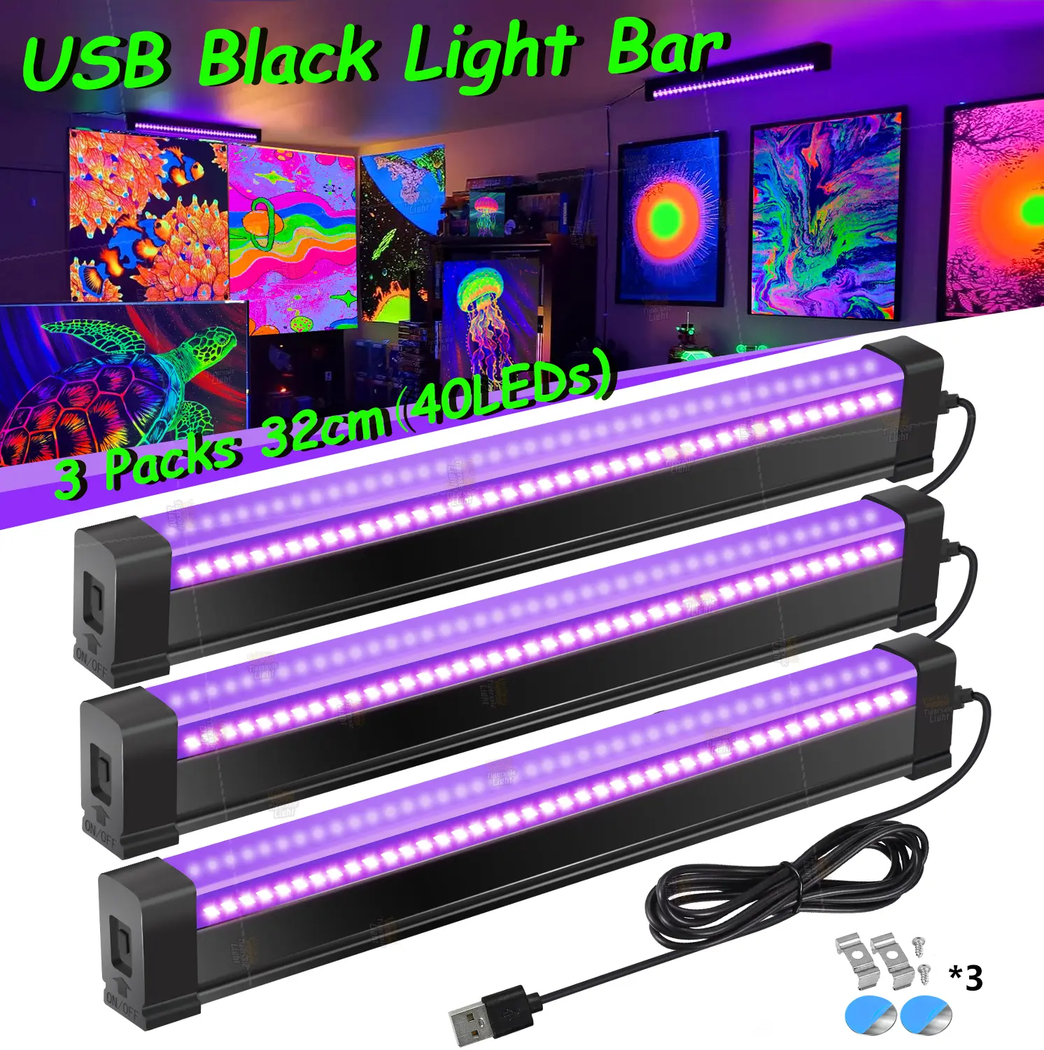 OYCIJE 3 /4Packs Magnetic LED Black Lights,32cm/12.6inch, DC 5V USB Plug Black light, 40 LED , 385-400nm, 3 Lighting Modes,4 Mounting Methods, for Glow Party, Fluorescent Poster, Body Paint, Halloween Decorations