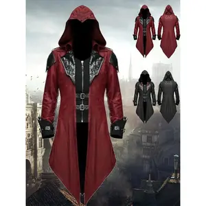 [VintageSteamPunkHoodedJacket]3pcsMen'sGothicAssassinCosplayCostumeSet-VintageRed&BlackPolyesterSteamPunkStyleHoodedJacket-EmbroideredDetails,DitsyFloralPattern,V-Collar,SlightStretch,LooseFit,2Wristbands