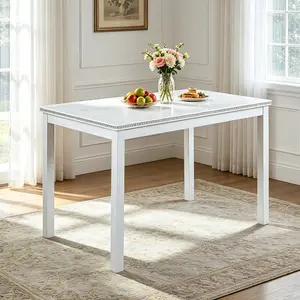 Modern White Wooden Dining Table For Small Space, Rectangular Kitchen Desk For Apartment/Dorm/Eating Nook, 4 Person Seats, Space Saving Crushed Crystal Edge, Beige White