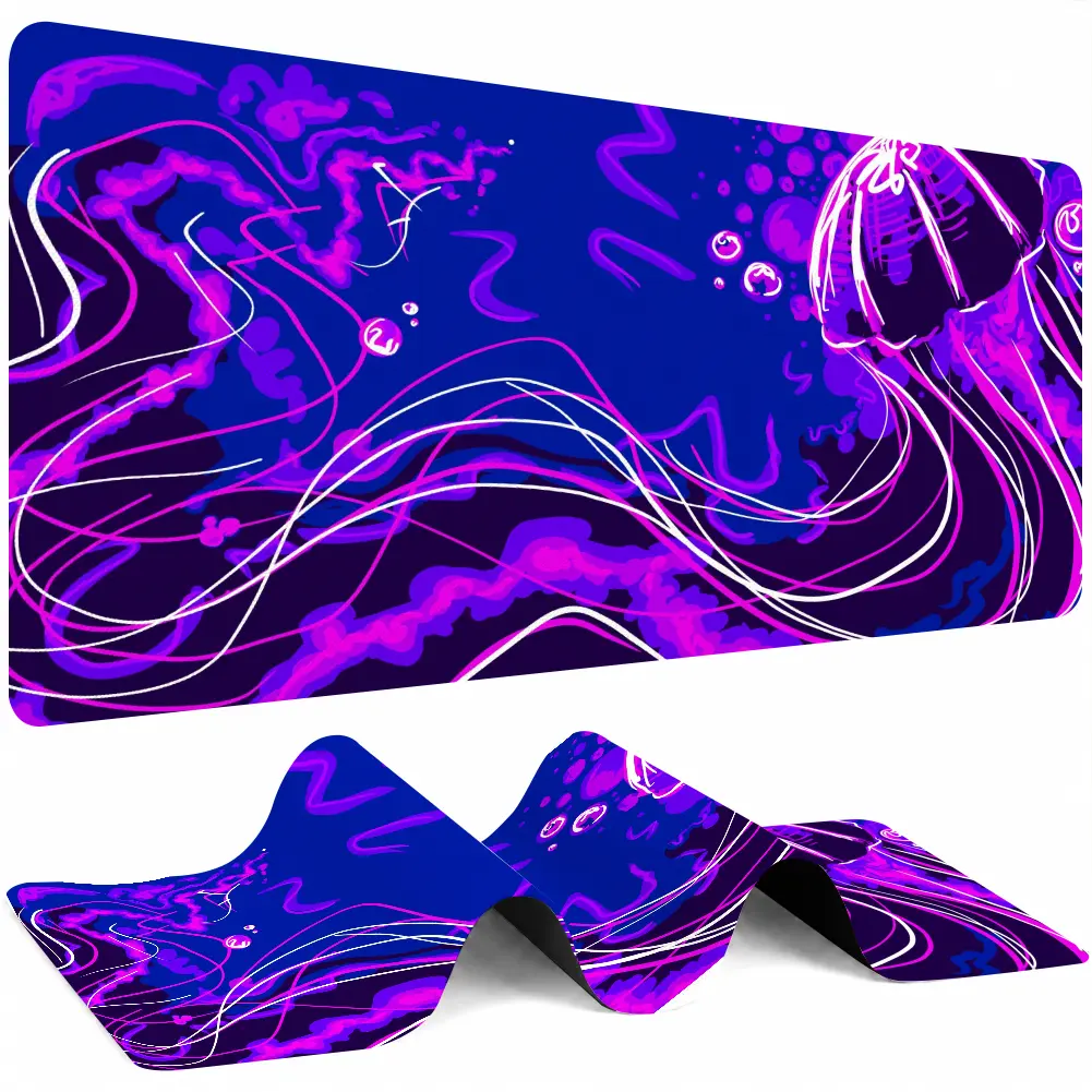 Neon Jellyfish Art Ocean Theme Large Mouse Pad - Deep Blue Sea Animal Desk Mat with Fabric Top, Home Use, 12*24in(30*60cm)/16*32in, Large Protective Surface, Gaming Compatible for Any Desk Setup