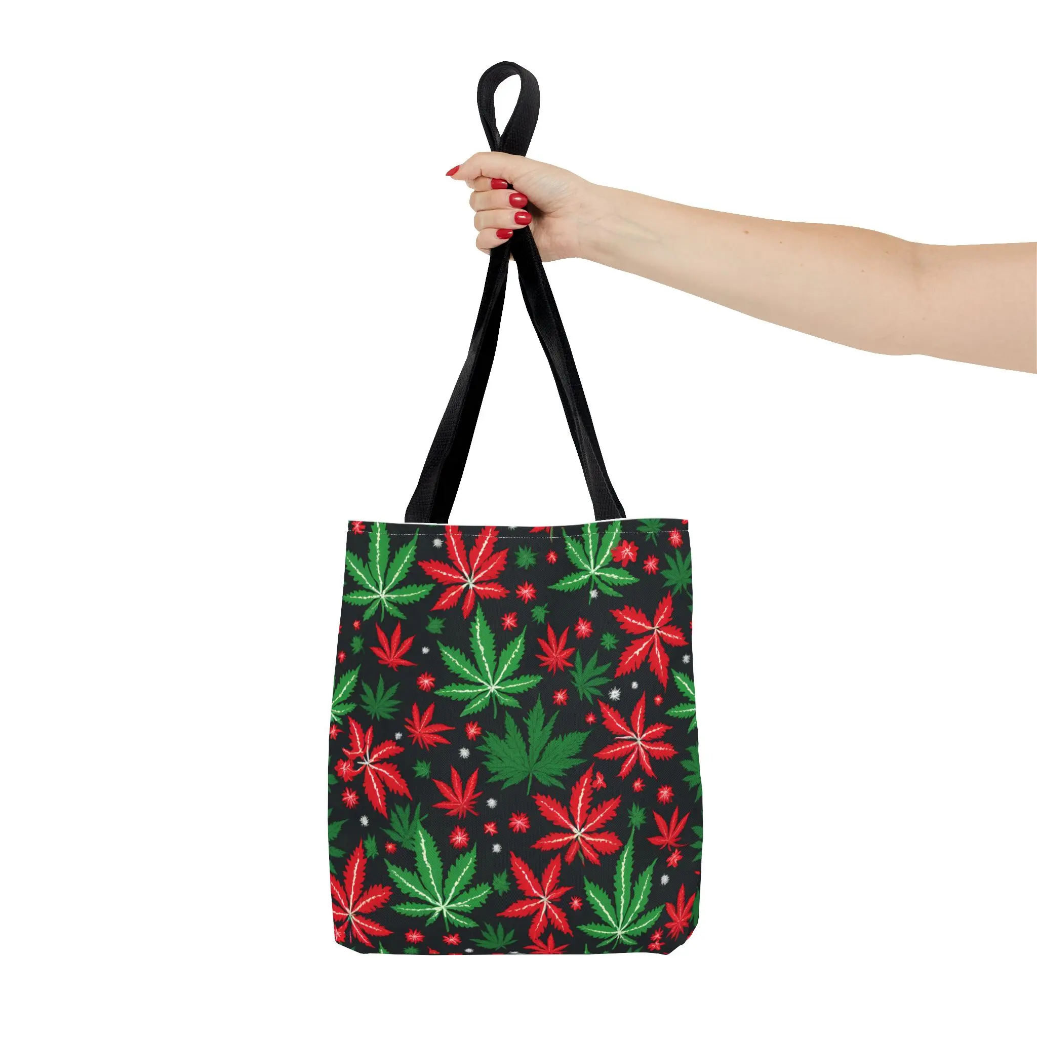 Festive Leaf Print Tote Bag, Holiday Shopper, Eco-Friendly Reusable Bag, Gift for Cannabis Lovers, Christmas Tote, Party Favor