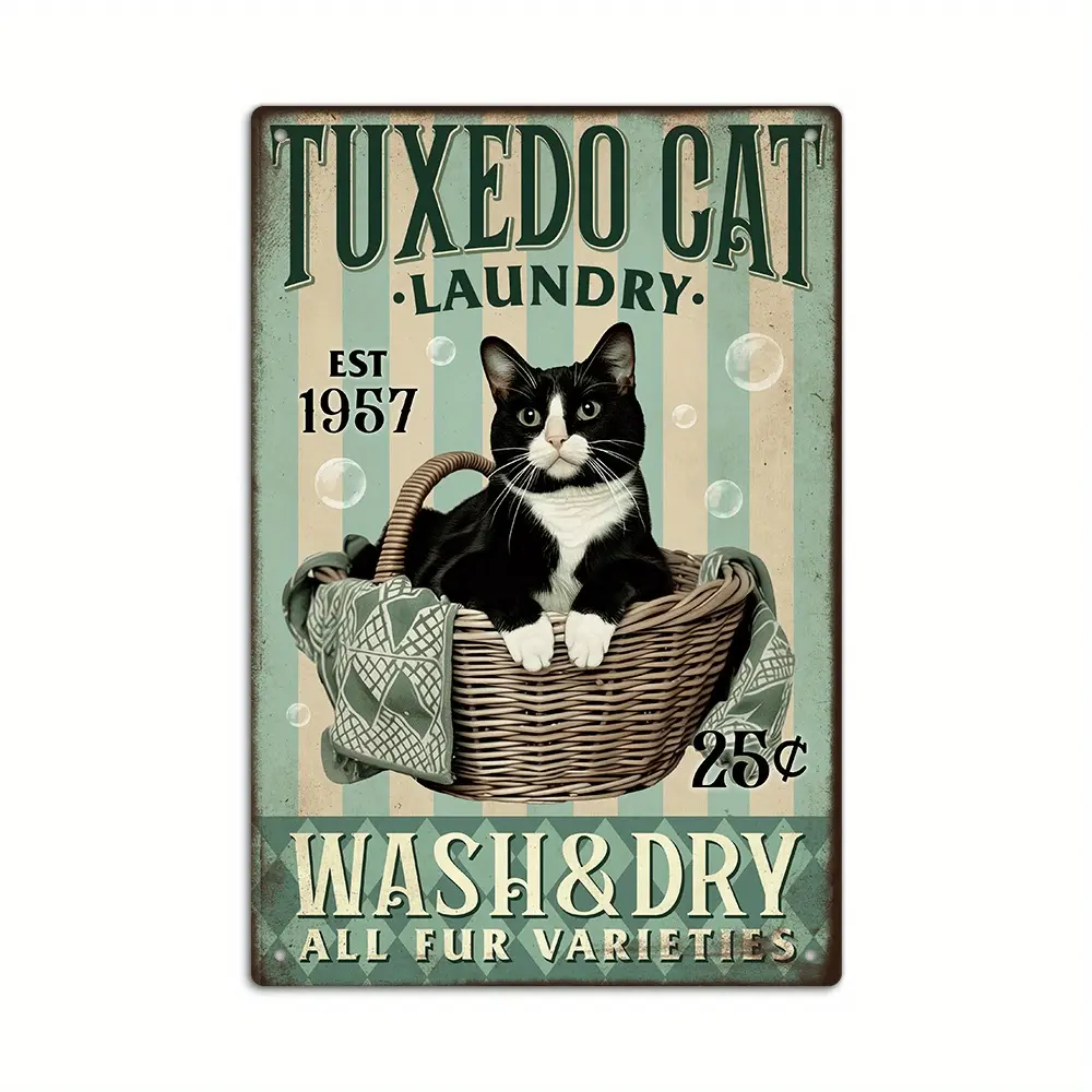 Vintage Metal Tin Sign Wall Art Decor for Home Farmhouse Laundry Room Tuxedo Cat Laundry Est 1957 Wash and Dry All Fur Varieties Perfect Gift