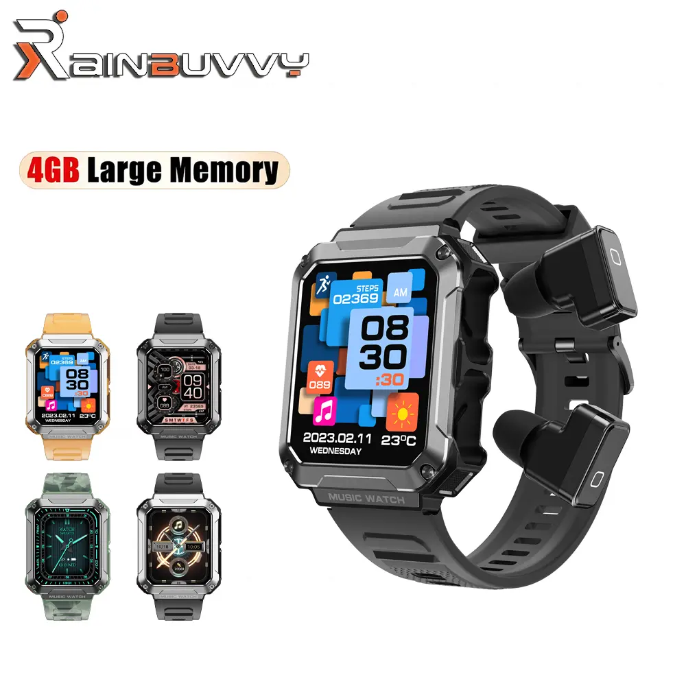 Rainbuvvy T93 Unisex Adults 2-in-1 Mechanical Touchscreen Smartwatch - 1.96-in Screen, Bluetooth 5.0, 400mAh Metal Earphones, 35mAh Built-in Charging Case, Recording, Health Monitoring, Calorie Tracker, Android Compatible, Not Water Resistant