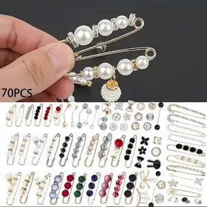 Female 70-Piece Synthetic Brooch Pin Set - Decorative Faux Pearl & Rhinestone Safety Pins for Sweater, Dress Cover Up, Birthday Gift, Graduation, Christmas, Anniversary