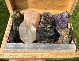 Protection Stone Set with Wooden Box (Raw) - Empath Protection, Negative Energy Cleansing, Grounding
