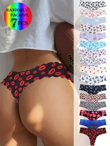 Women's Knit Lingerie Panty Set - 7-Piece Sexy Seamless V-String Women's Clothes, Mixed Color Polyester Elastane Drop Waist Thongs with Scallop Edge, Soft Graphic Underwear (Random Butterfly, Heart & Lip Prints)