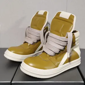 Retro shoes Spring men's leather high-top short boots with inverted triangle wide shoelaces, five-hole thick sole, large size men's sneakers