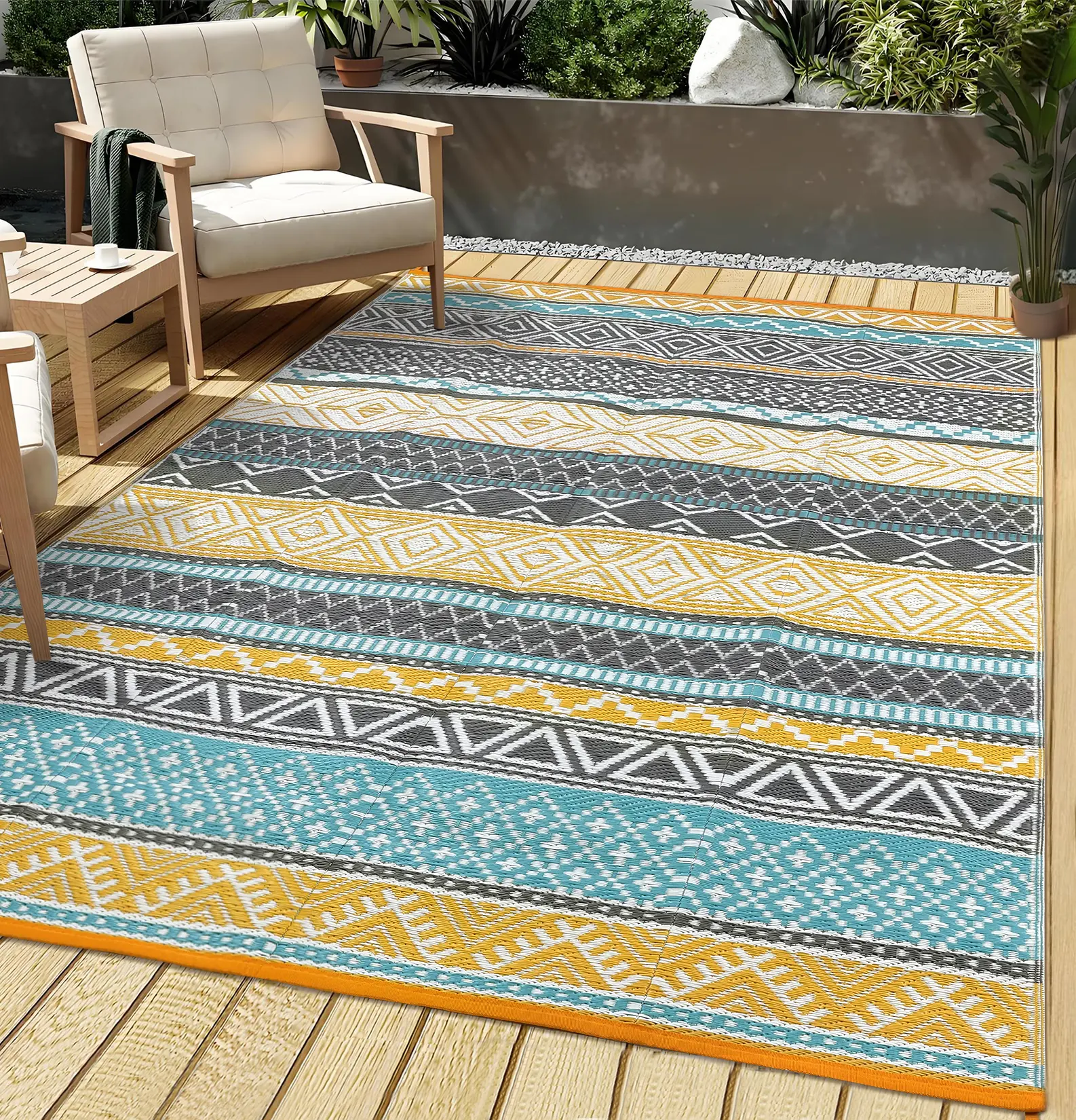Outdoor Waterproof Rug Bohemian Style Rug Modern Striped Outdoor Rug Plastic Straw Rug Double-sided Reversible Rug for Patio Balcony Deck Beach RV