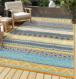 Outdoor Waterproof Rug Bohemian Style Rug Modern Striped Outdoor Rug Plastic Straw Rug Double-sided Reversible Rug for Patio Balcony Deck Beach RV