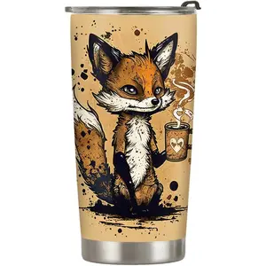 20oz Fox Gifts for Fox Lovers, Vintage Coffee Lover Fox Tumbler Cup, Stainless Steel Insulated Travel Mug with Lid, Coffee Thermos for Women - K