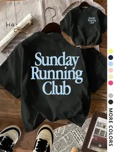 Women's Oversized Letter T-Shirt, Sunday Running Club Design, Short Sleeve Everyday Wear, Versatile Campus & Streetwear Essential, Womenswear