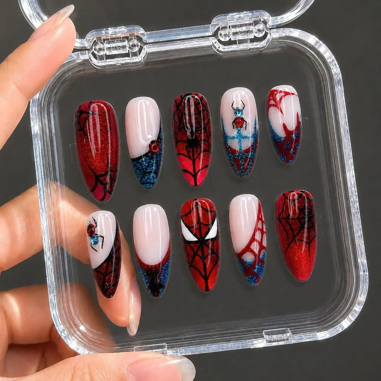 Handmade Red Black Spider Web Press On Nails, Comic Hero Inspired Design, Glitter Ombre, Web Pattern, Bold Graphic Almond Nail Art for Halloween Cosplay