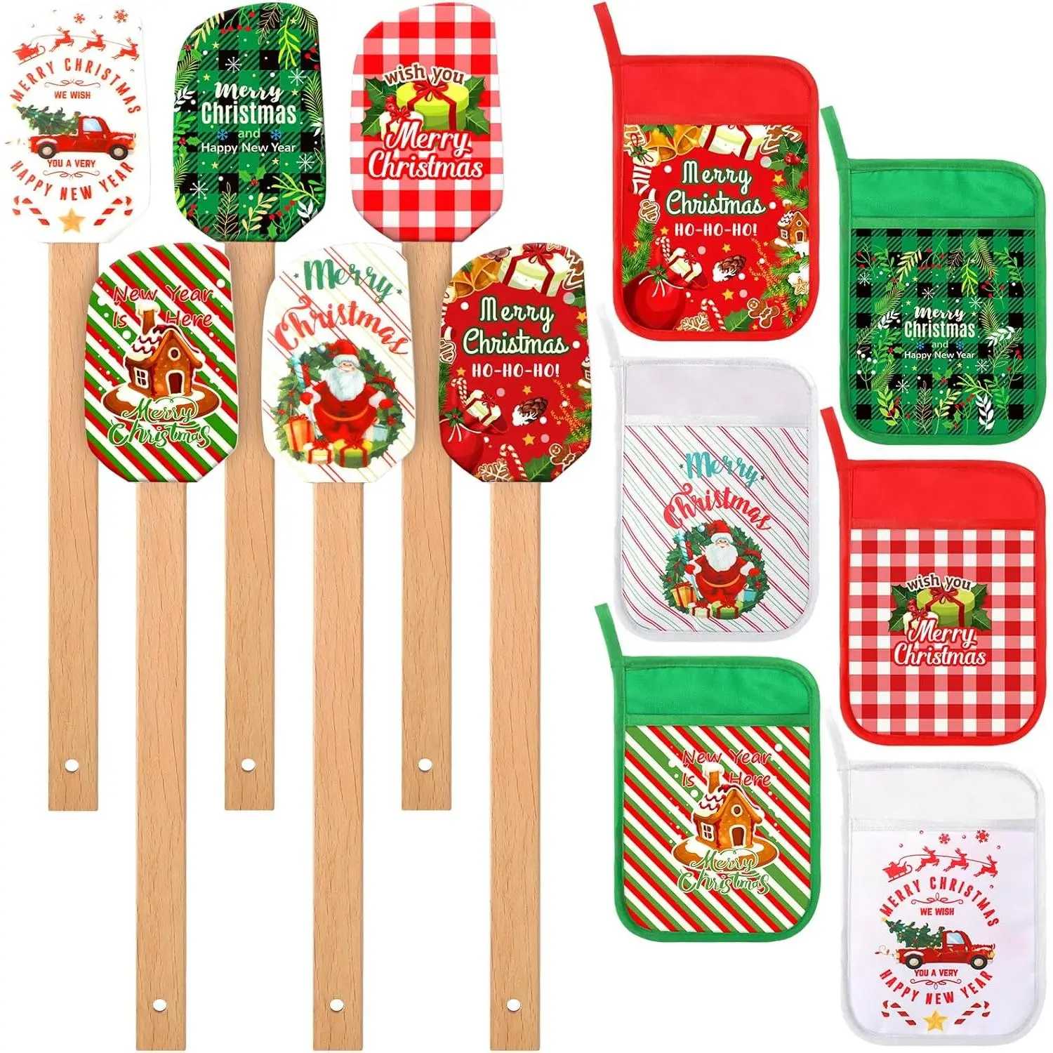 12 count Christmas  Spatulas Pot Holders Set Heat Resistant Pot Holders with Pocket Baking Gifts for Christmas  Party Supplies (Fresh Christmas Style)