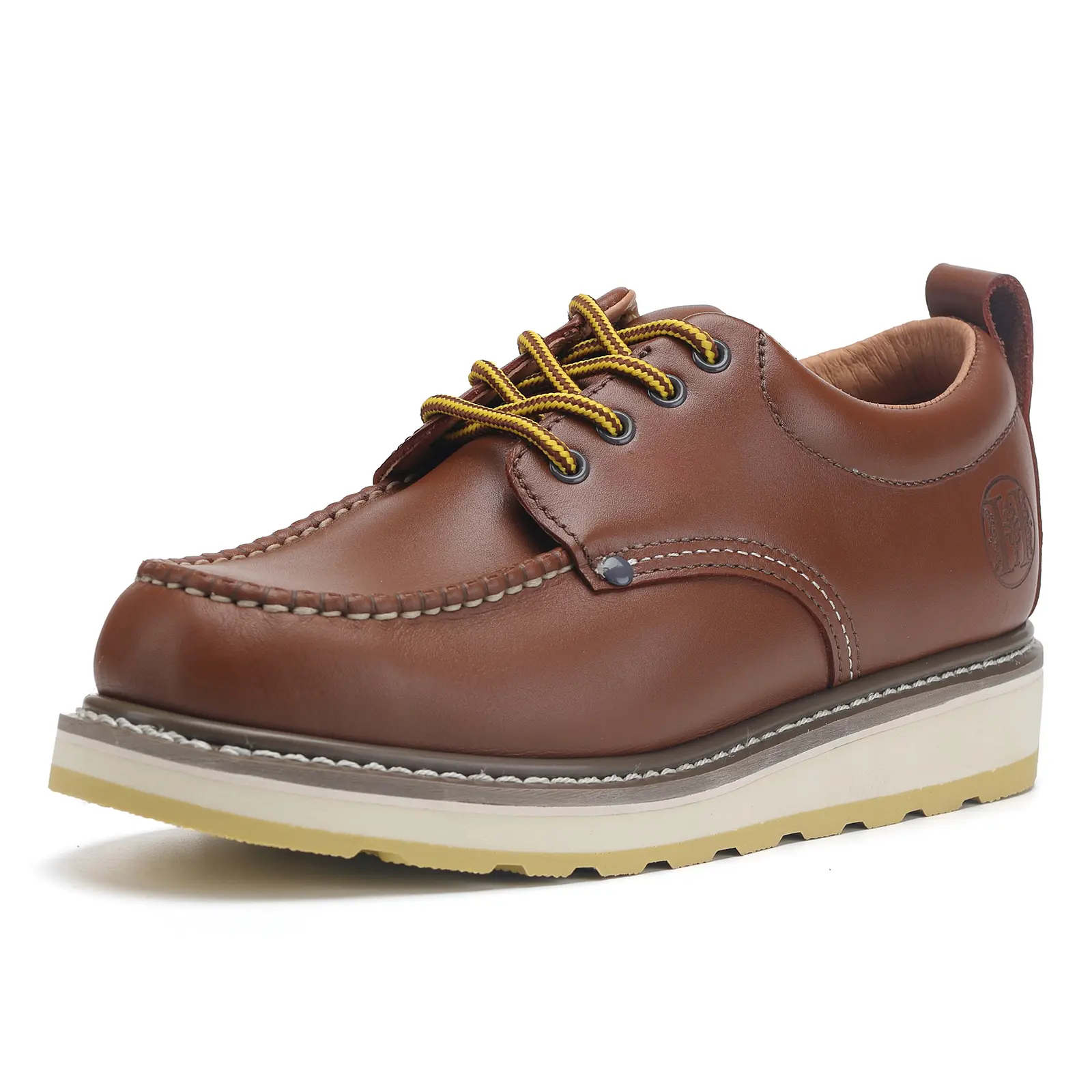 HANDPOINT 82994 Men's Soft Toe Oxford Work Shoes, Full Grain Leather, Lightweight, Breathable Pigskin Lining, Slip Resistant Dual Density PU Outsole, Oil & Water Resistant Leather Work Shoes, Brown