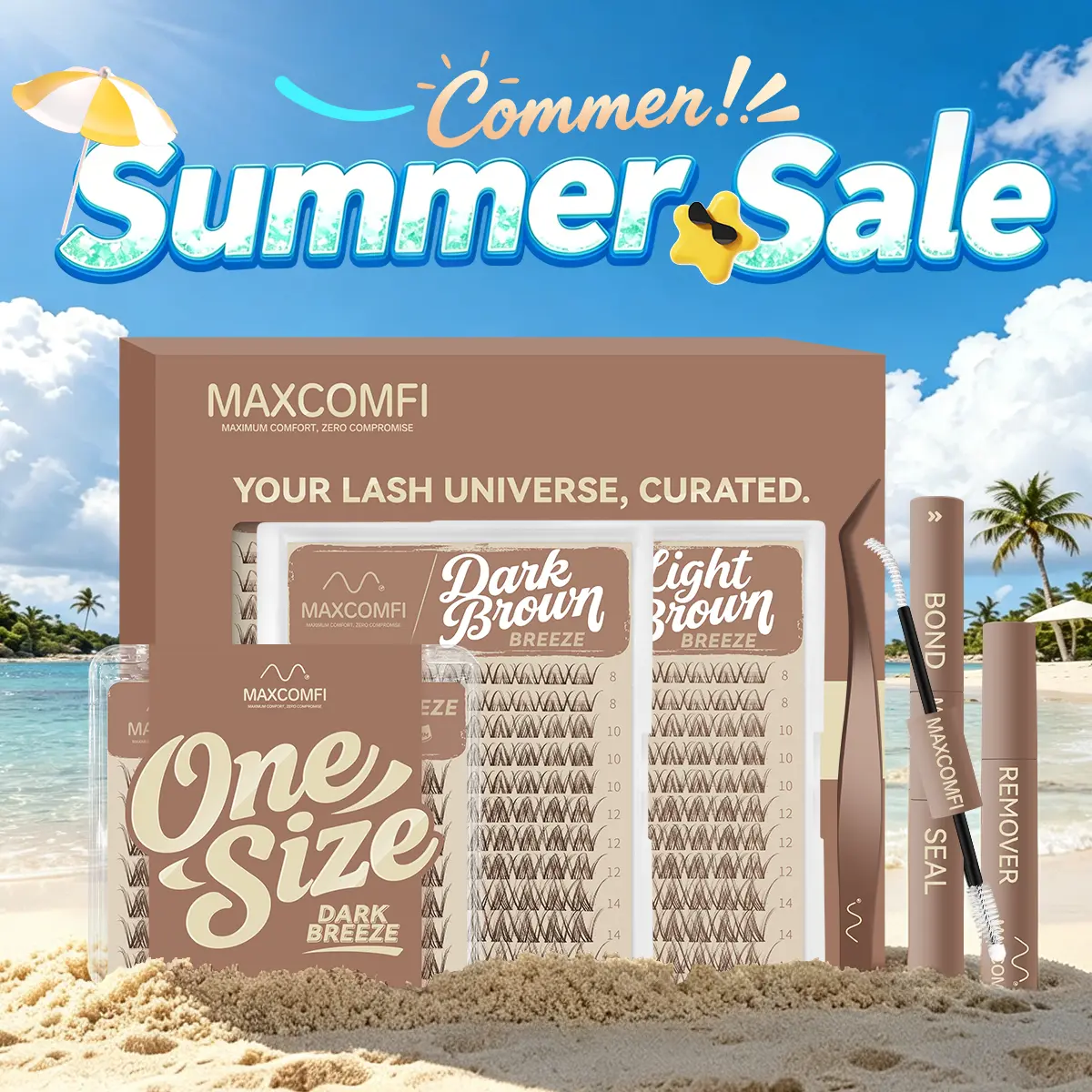 MaxComfi Brown Breeze Spider Individual Eyelashes, DD-Curl DIY Lash Clusters, Super Soft Thin Band, Waterproof Long-Lasting, Beginner-Friendly Daily Wear False Lashes for Flawless Voluminous Look, Individual Lashes Summervibes,sunscreen