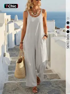 Women's casual solid color backless suspender jumpsuit, suitable for daily commutes and vacations.