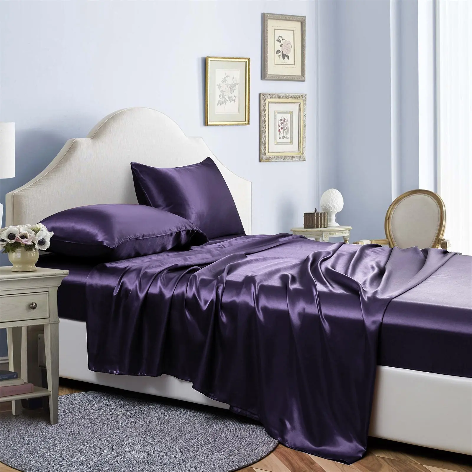 BEKRVIO-4-Piece Bomboo Satin Sheet Set Faux Silky Soft Cooling Wrinkle-Free Deep Pocket Fitted Sheet Flat Sheet Pillowcases Bedding for Hair & Skin King Queen Twin Breathable Solid Color Luxury