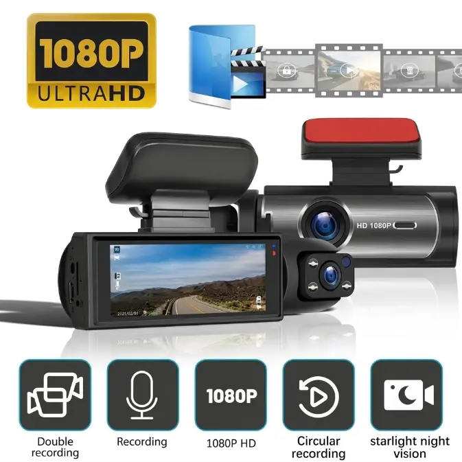 Car Dash Camera for Driving Safety, 1080P Dual Front Cabin Dashcam with Night Vision, Seamless Loop Recording G-Sensor, 3.16" Screen, 64GB x 4 Expandable Large Memory