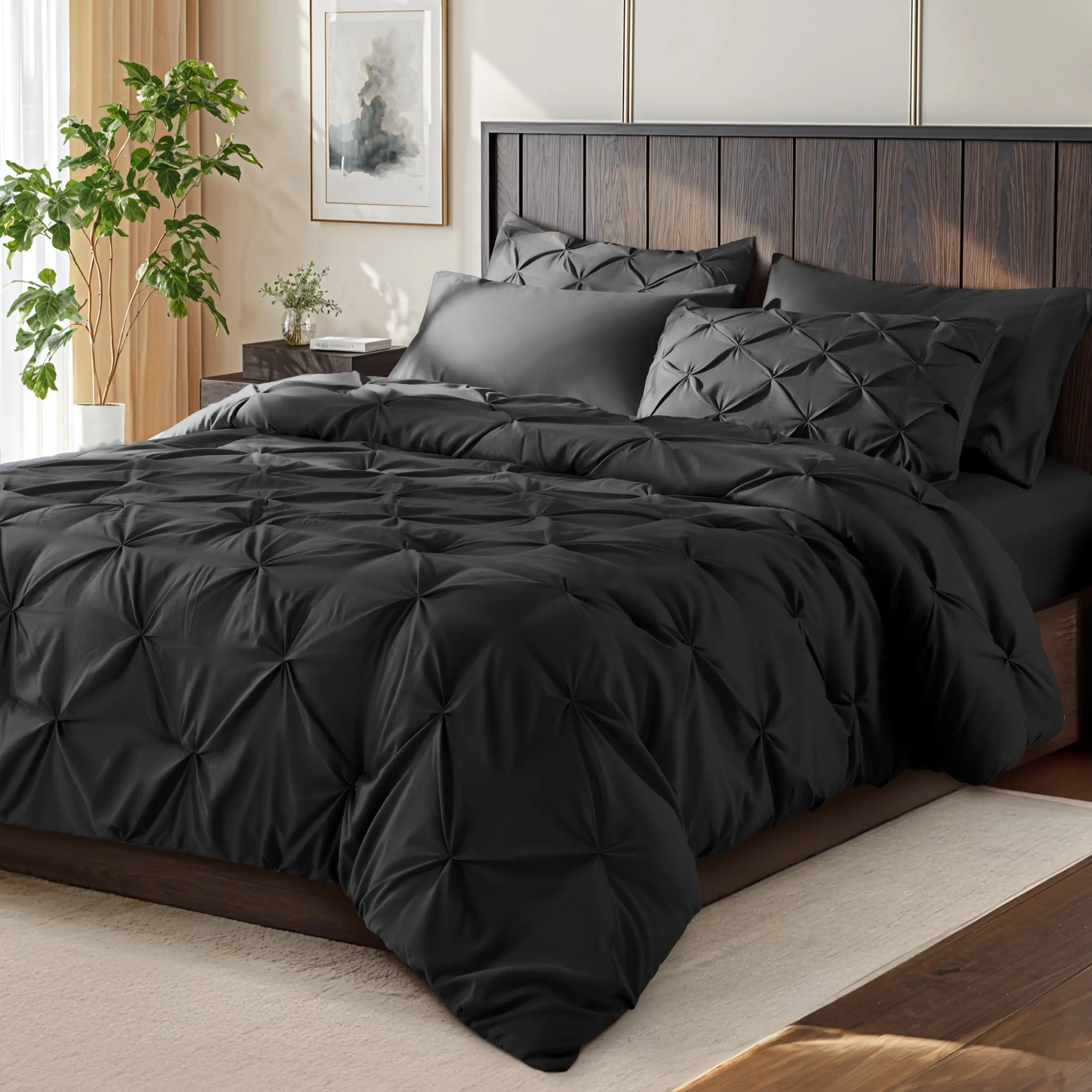 SONORO KATE Queen Comforter Set, 7 Pieces Bedding Sets for All Season, Bed in a Bag with Pleated Comforter - Flat Sheet & Fitted Sheet - Pillowcases & Shams, Black