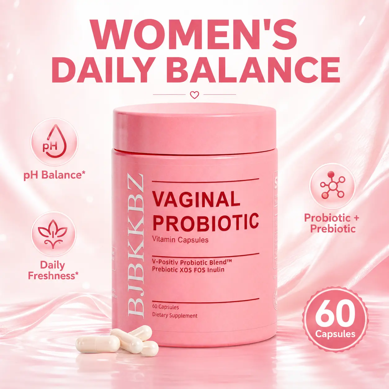 BJBKKBZ Edible Vaginal Probiotic Vitamin Capsules - V-Positiv Blend with Prebiotic XOS, FOS, Inulin - 60-Count Healthcare Dietary Supplement for Vaginal pH & Yeast Balance